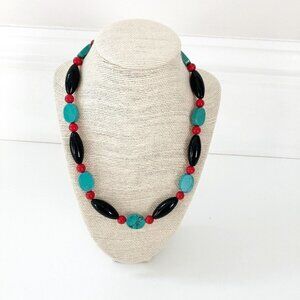 NWT Genuine Red Turquoise, Turquoise, Black Onyx Beaded Necklace Blue Black Red